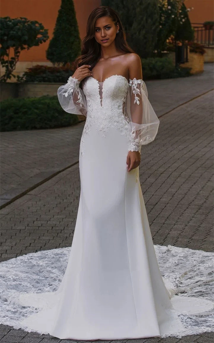 Wholesa Mermaid Appliques Plunging Neck Chiffon Tulle Wedding Dress